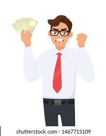 Angry businessman showing cash, money and making raised hand fist gesture sign. Frustrated person holding currency notes. Male character design illustration. Human emotions, expressions in cartoon.