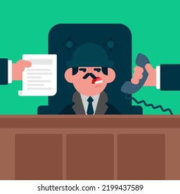 Angry Businessman sitting on his office and gives instructions to staff, employee gives handset to his boss, employee gives Daily report to manager, Flat avatar vector illustration.