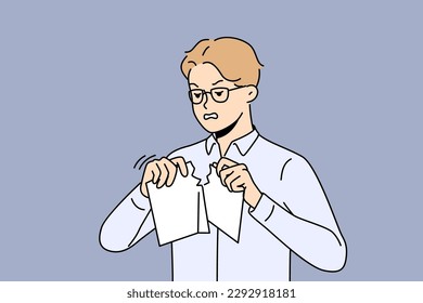 Angry businessman tear paper document distressed with business failure. Stressed male employee rip paperwork frustrated with crisis. Vector illustration. 