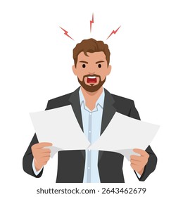 Angry businessman tears through documents with visible frustration. Flat vector illustration isolated on white background