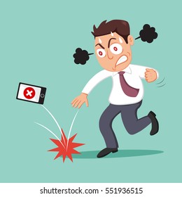 Angry businessman throwing his mobile phone, vector illustration cartoon