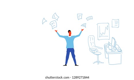 angry businessman throwing paper documents stress problem concept overworked business man hardworking furious character modern office interior sketch doodle horizontal