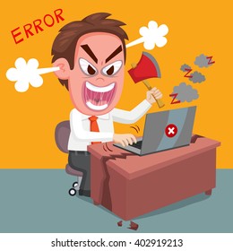 Angry Businessman throws hammer to his laptop, vector illustration