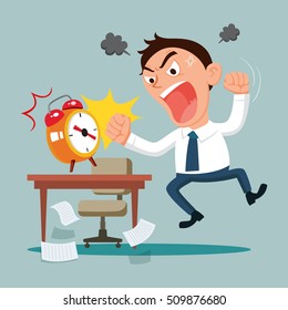 Angry businessman upset smashed alarm clock at office desk working, vector illustration cartoon