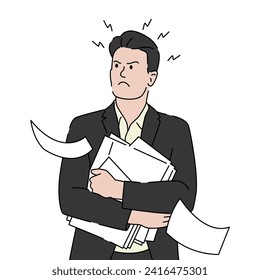 Empresario furioso mientras sostenía papeles o documentos, frustración, concepto molesto y sobrecargado. Ilustración vectorial dibujada por mano