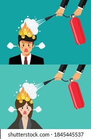 Angry businessman and woman with head on fire gets help from man with extinguisher. Vector illustration