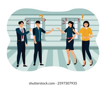 Angry businessman, women colleagues team arguing having dispute fight. Managers people discuss business issues, shout, gesture. Flat vector modern illustration 