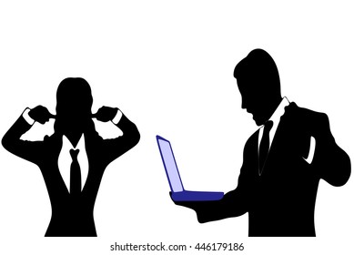 angry businessman working on the laptop, yelling, Business Woman covering her ears with both hands