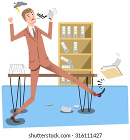 Angry businessman yelling at cell while kicking a file (Fifties retro style)
