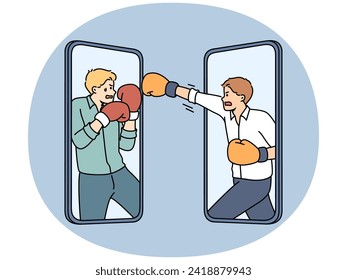 Angry businessmen on cellphones screen fighting. Furious male rivals on smartphones displays have argument or conflict. Online rivalry and competition. Vector illustration.