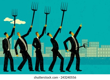 Angry businessmen Angry businessmen protest and raise their pitchforks. The protesters and the background are on separate labeled layers.