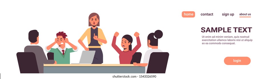 angry businesspeople arguing during meeting business people having problem working in team together conflict concept businesswoman screaming at employees portrait horizontal copy space vector