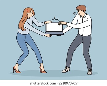 Angry businesspeople fighting for laptop at workplace. Stressed mad people quarrel for computer in office. Rivalry and competition. Vector illustration. 