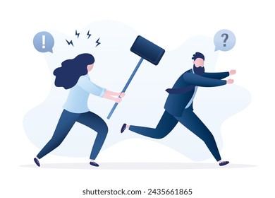 Angry businesswoman chasing office man with a sledge hammer. Business revenge and anger concept. Punishment for poor performance. Funny characters in trendy blue colors style. Vector illustration