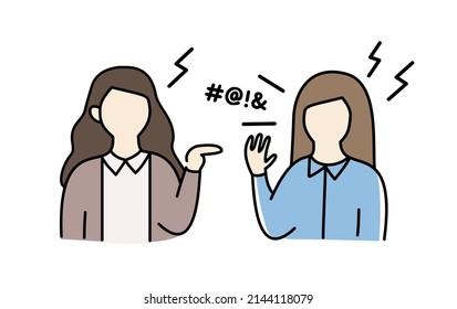 Angry businesswoman colleague shouting, arguing to each other. Concept of discussion, Office Conflict, quarrel, negative relationship, teamwork. Vector faceless people character isolated illustration 