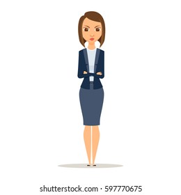 Angry businesswoman with crossed arms.  A woman is standing with hands folded. Manager, teacher, secretary or boss in a discontented position