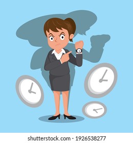 Angry businesswoman pointing watch asking punctuality wants be time, illustration vector cartoon