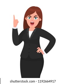 Angry businesswoman shouting or screaming with raising hand showing index finger. Human emotion and body language concept illustration in cartoon vector style.