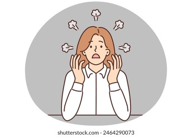 Angry businesswoman with smoke from head suffer from overwork or nervous breakdown. Furious female employee overwhelmed with work problems. Vector illustration.