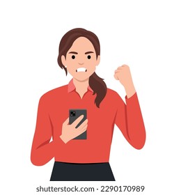 Angry businesswoman speaking on smartphone and shouting or screaming and raising fist gesture. Technology. Flat vector illustration isolated on white background