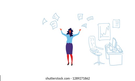 angry businesswoman throwing paper documents stress problem concept overworked business woman hardworking furious character modern office interior sketch doodle horizontal