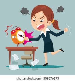 Angry businesswoman upset smashed alarm clock at office desk working, vector illustration cartoon