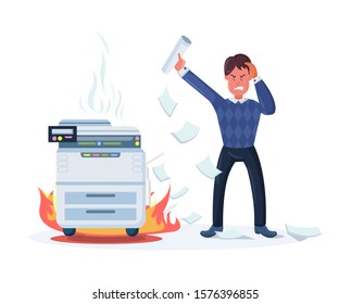 Angry busy businessman with a bunch of printed documents. Business office paperwork documents. Business man, overwork, stress, deadline, incandescent printer tiredness with fire, steam coming vector