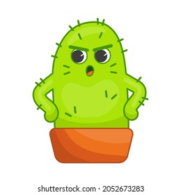 Angry cactus cartoon character sticker. Upset plant with spikes in pot holding hands on hips. Face expressions and emotions concept