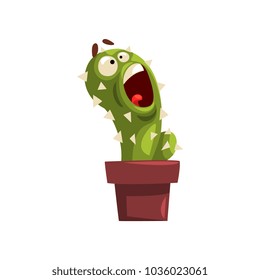 Angry cactus character in a clay pot, succulent plant with funny face in flowerpot vector Illustration on a white background