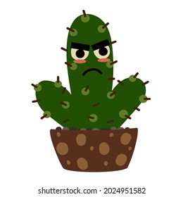 An angry cactus in a pot looks with condemnation. The cactus has large eyebrows.