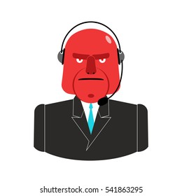 Angry call center. Red man with headset. Aggressive operator feedback clients. Customer Service