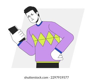 Llamador enojado mirando la ilustración de spot del vector de línea plana del teléfono. Hombre irritado presionando smartphone 2D caricatura sobre el personaje blanco para el diseño de interfaz de usuario web. Imagen editable de héroe de color aislado y colorido