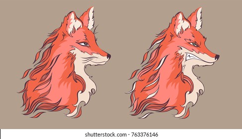 Angry and calm fox, detailed cartoon style vector illustration