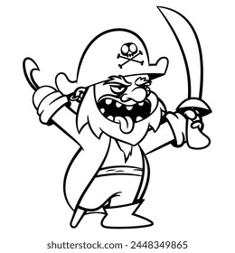 Angry Captain Pirates cartoon characters holding a sword and hook get ready to attack. Best for outline, logo, and mascot with halloween themes