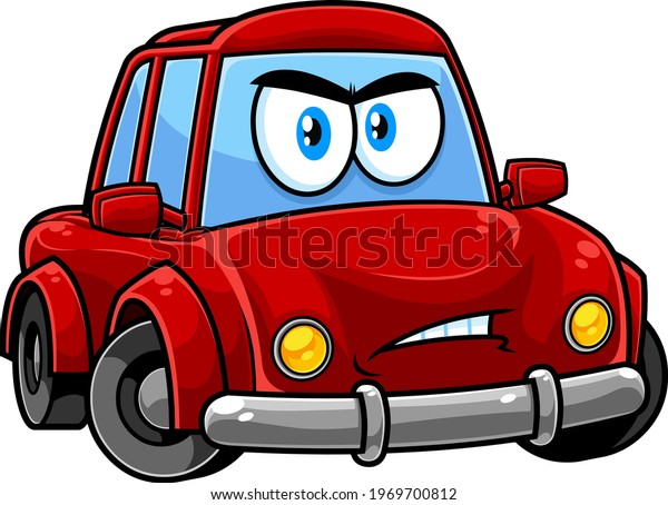 Angry Car Cartoon Character.\
Vector Hand Drawn Illustration Isolated On Transparent\
Background
