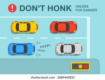 Angry car driver is honking horn for no reason at traffic light. Top view of a city road. Don't nok unless for danger warning design. Flat vector illustration template.
