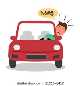 Angry car driver shouting in flat design on white background. Road rage concept vector illustration. 