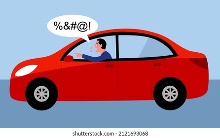 Angry Car Driver Shouting In Flat Design. Road Rage Concept Vector Illustration.