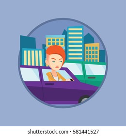 Angry car driver stuck in a traffic jam. Irritated woman driving a car in a traffic jam. Agressive driver honking in traffic jam. Vector flat design illustration in the circle isolated on background.