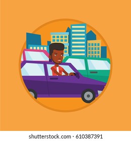 Angry car driver stuck in a traffic jam. Irritated man driving a car in a traffic jam. Agressive driver honking in traffic jam. Vector flat design illustration in the circle isolated on background.