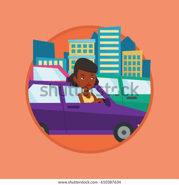 Angry car driver stuck in a traffic jam.\
Irritated woman driving a car in a traffic jam. Agressive driver\
honking in traffic jam. Vector flat design illustration in the\
circle isolated on\
background.