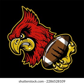 angry cardinal mascot holding football in claw for school, college or league sports