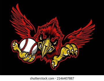 angry cardinal mascot with wings holding baseball for school, college or league