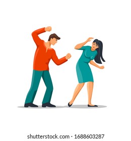 Angry cartoon abuser man hitting fear woman vector graphic illustration. Scared female victim of domestic violence isolated on white background. Family problems, psychological abuse