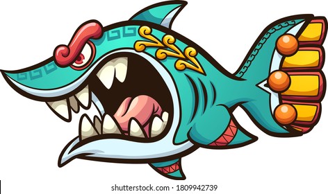 Angry cartoon Aztec shark with open mouth. Vector clip art illustration. All on a single layer.
