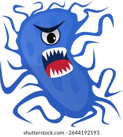 Angry Cartoon Bacteria Character with Sharp Teeth and Spiky Tentacles