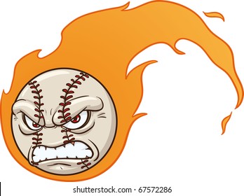 Angry cartoon baseball mascot. Vector illustration with simple gradients. Flames and baseball on separate layers for easy editing.