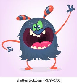 Angry cartoon black monster screaming and waving hand. Yelling angry monster expression. Halloween character. Vector illustrations.