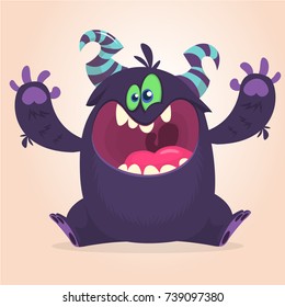 Angry cartoon black monster screaming. Yelling angry monster expression. Big collection of cute monsters. Halloween character. Vector illustrations.
