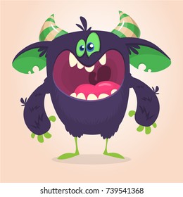 Angry cartoon black monster. Yelling angry monster expression. Big collection of cute monsters. Halloween character. Vector illustrations.